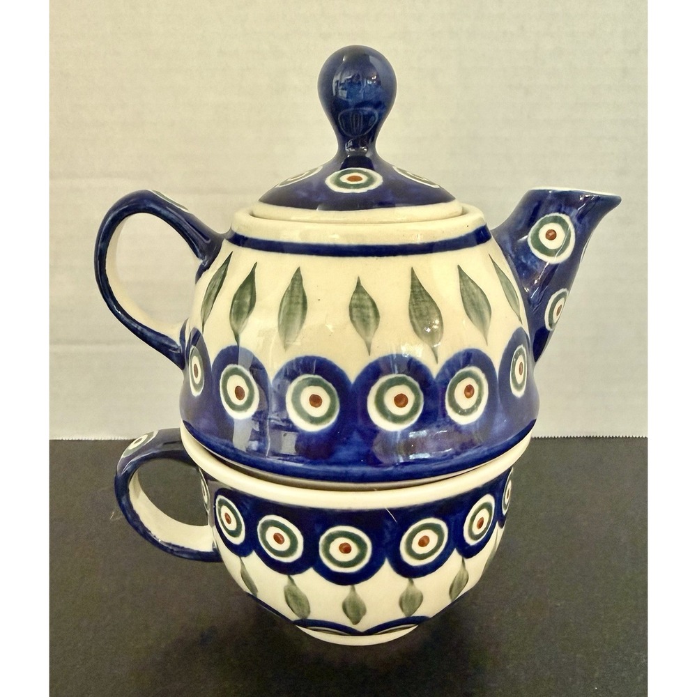 Poland Hand Made Pottery Tea For One Set Boleslawiec Peacock Polish Mint Vtg